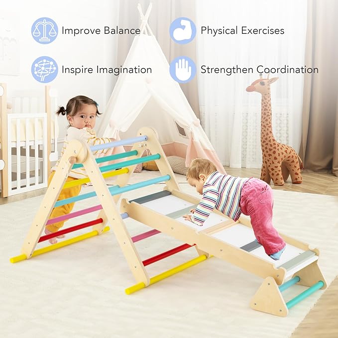 Olakids Pikler Triangle Set 7 in 1 Climbing Toys for Toddlers Foldable Baby Wood Montessori Jungle Gym with Angle Adjustable Ladder Seesaw Ramp Indoor Playground (Colorful)