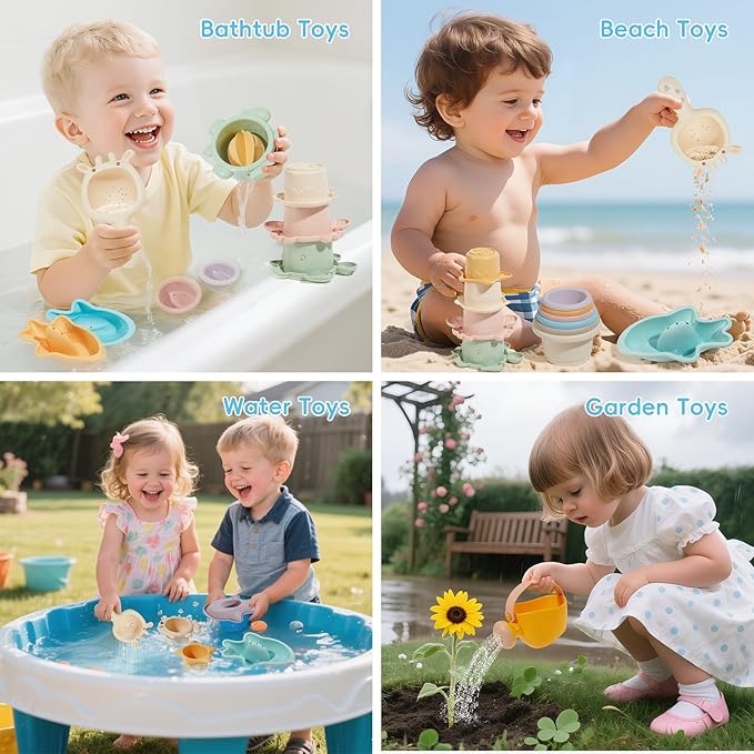 Baby Bath Toys for Kids Ages 1-3, 16PCS Mold Free Bath Toys for Toddler 2-4 & Babies 6-12-18 Months Bath Cups Watering Can with Storage Bag Montessori Bathtub Sand Pool Water Toys for 1+ Years Old