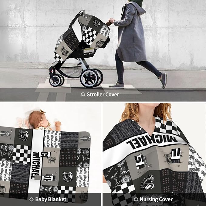 Custom Baby Car Seat Canopy with Name, Personalized Baby Car Seats Covers for Baby Boy, Motorcycle Opening Minky Nursing Breastfeeding Cover for Infant, Carseat Canopies for Newborn