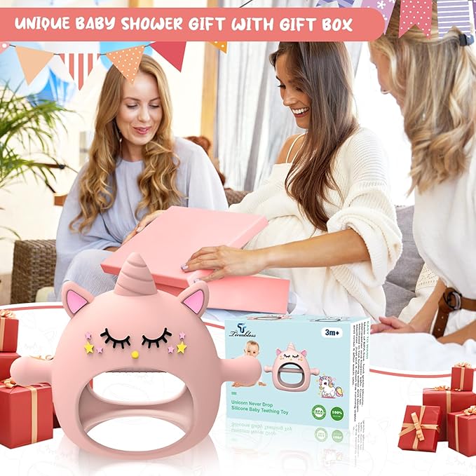 Teething Toys for Babies 6-12 Months, Tinabless Unicorn Never Drop Silicone Teether Designed for Babies 0-6 Months, Car Seat Toy for New Born, Natural Organic Baby Teether for Boys&Girls, Pink
