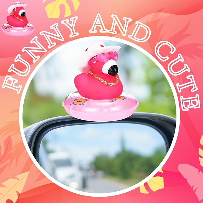 Sotiff Rubber Flamingo Pink Flamingo Rubber Ducks Squeaky Mini Ducks with Mini Hats Swim Ring Gold Chain and Sunglasses for Car Decor Summer Birthday Swimming Party Gift Favor