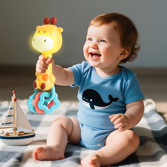 Musical Baby Rattle Toy, Soft Silicone Infant Teething Light-Up Rattle for Sensory Development, Easy Grasp Newborn Toy for 0-3-6-12 Months, Safe Early Learning Gift for Boys Girls