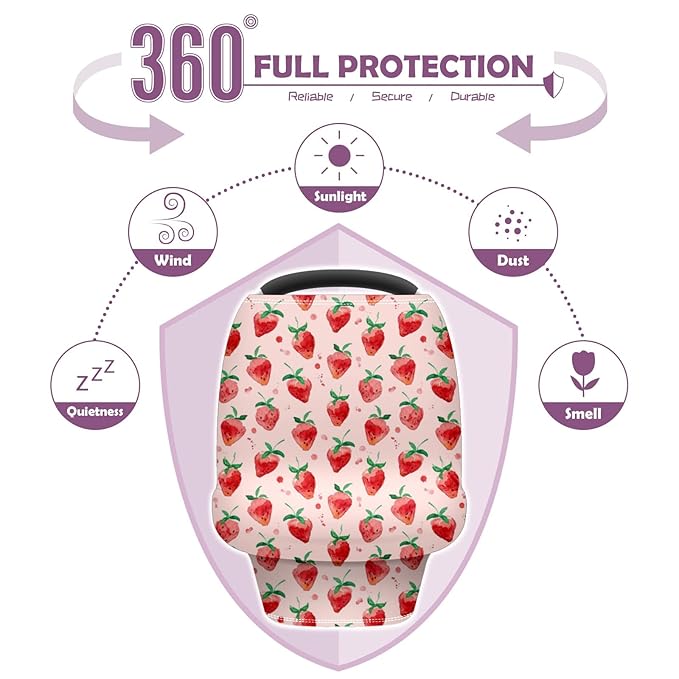 Baby Car Seat Stroller Covers Strawberry Fruit Summer Nursing Cover Breastfeeding Scarf Soft Breathable Stretchy Infant Car Canopy Coverage Carseat Cover for Boys and Girls Multi Use
