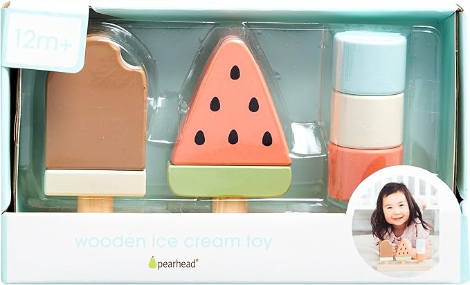 Pearhead Wooden Stacking Toy – Ice Cream Mix & Match Pretend Play Food, FSC-Certified, Montessori Toy Develops Fine Motor Skills & Hand-Eye Coordination, Boys and Girls, 1 Year Old+