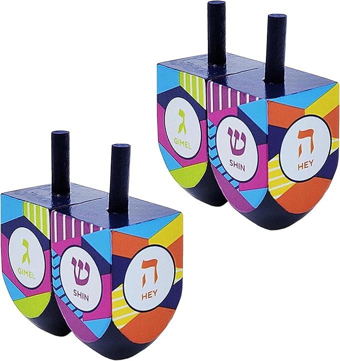 The Dreidel Company Extra Large Hand Painted Wood Hanukkah Dreidels, 10-Pack Retro Dreidel Design