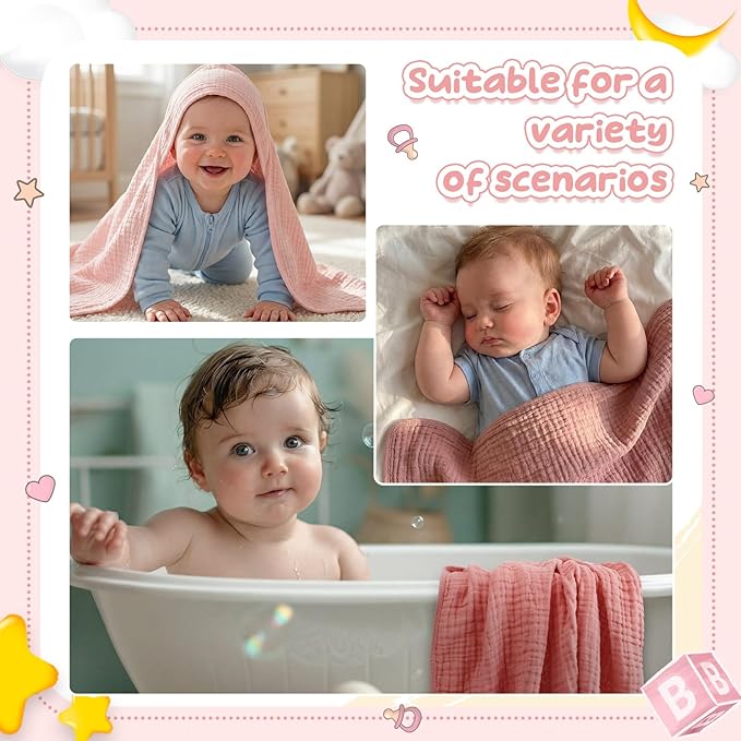 Breling 12 Pcs Muslin Hooded Baby Bath Towel, Hand Towels and Washcloth Set, 36"x 36" Cotton Newborn Bath Towel Cotton Absorbent Blanket Unisex Newborn Gift Essentials for Girl Boy (Pink Series)