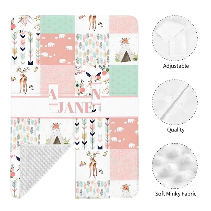Personalized Minky Car Seat Canopy for Girl Boy, Custom Name Stroller Car Seat Covers Cover for Infant Newborn Shower Gift, Nursing Opening Carseat Cover for Breastfeeding, Woodland Deer Pink
