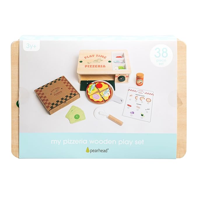 Pearhead Wooden Pizzeria Montessori Pretend Play Food Set, 38-Piece Play Kitchen Accessories, (38 Pcs) Toy Pizza Oven with Pizza Toppings Food Set, Preschool Toys for Toddlers, Ages 3+ Years