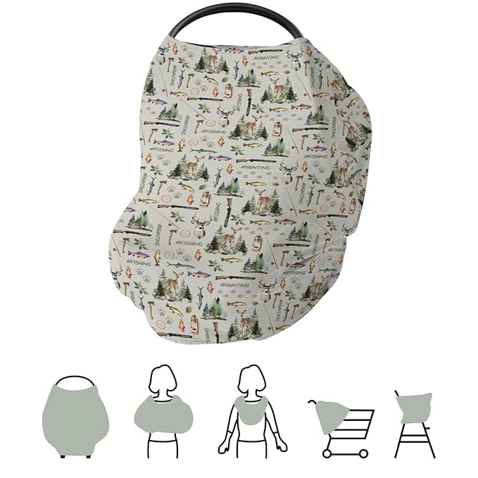 Fishing Hunting Car Seat Cover for Babies Bass Fish Deer Paws Green Forest Stretchy 5-in-1 Cover Adjustable Car Canopy Breastfeeding Cover Nature Hunting Animals Breathable Nursing Cover-Up
