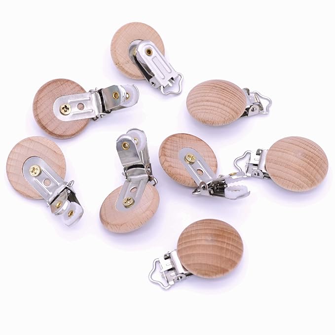 10Pcs 30mm (1.18") Natural Wood Pacifier Holder Round Beech Metal Wooden Pacifier Clip Suspender Clips DIY Pacifier Chain Accessories