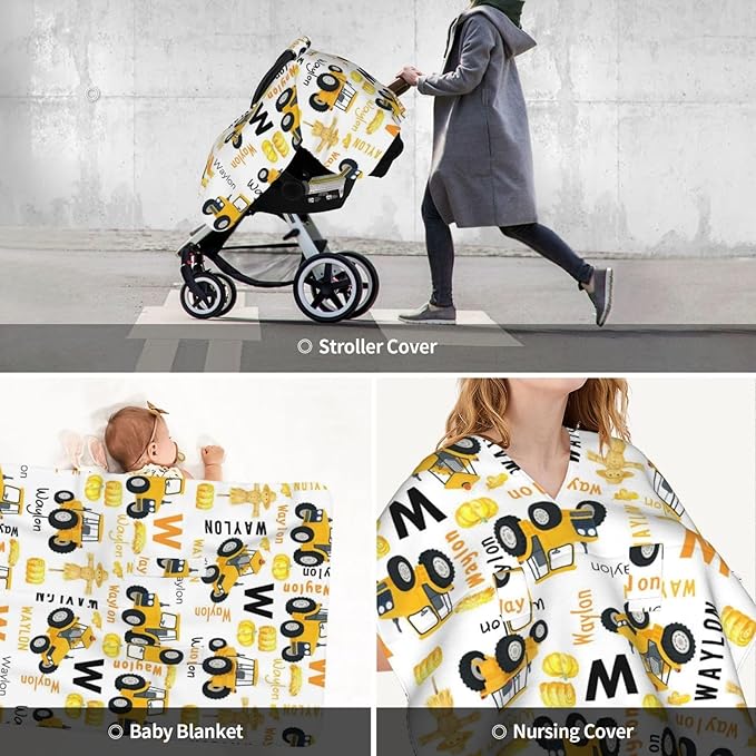 Personalized Tractor Baby Car Seat Cover for Boys, Custom Strollers Carseat Canopy with Name, Nursing Covers for Breastfeeding, Tractor Car Seat Canopies for Newborn Infant, New Mom Gifts