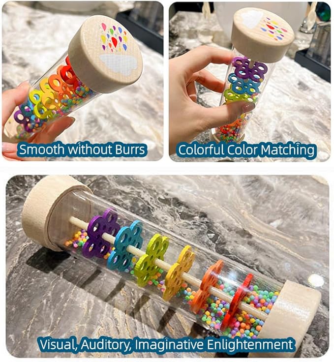 Oneshow Wooden Rain Stick Montessori Toys for Babies, Rainmaker Rain Sticks for Kids, Toddler Rattle Sensory Musical Toy with Calming Rain Sounds - 7.7"