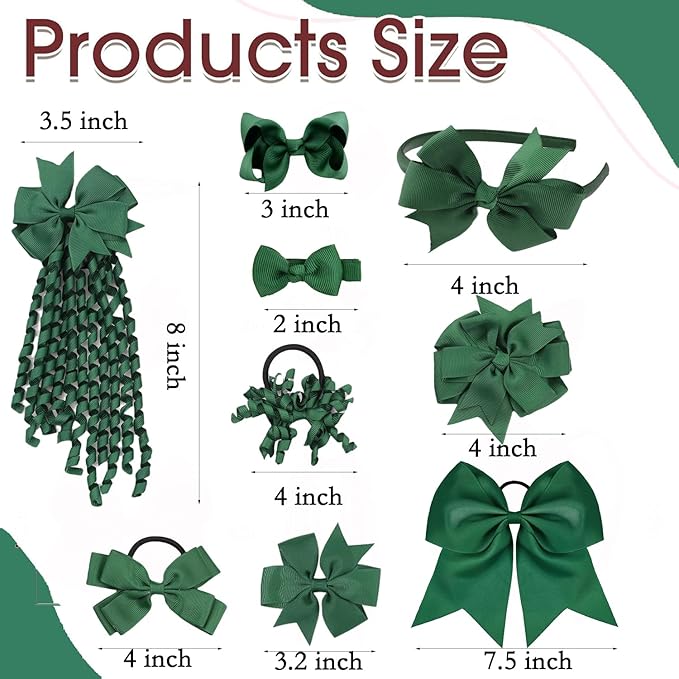 School Hair Accessories Set 14 Pcs Uniform Hair Bow Headband Clips Hair Ties Curly Korker Bows for Little Toddler School Girls (Dark Green)