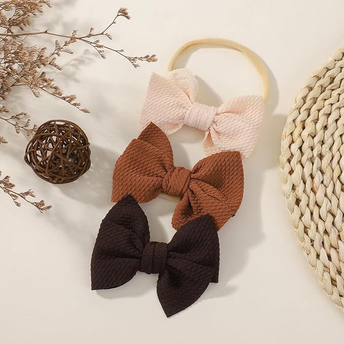 yoyokid 3PCS 4" Baby Girls Bow Headband, Elastic Nylon Hairbands Soft Baby Hairbands with Bows Hair Accessories for Newborn Infant Toddler, Beige Brown Coffee