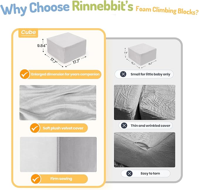 Rinnebbit Foam Climbing Blocks for Toddlers, 5-Piece Tunnel Climber and Crawl Playset, Indoor Activity Play with Ball Pit, Machine Washable Velvet Cover, Soft Climbing Toy for Kids 1-3 (Gray)