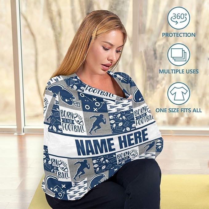 Personalized Football Theme Baby Car Seat Cover for Babies with Name, Custom Rugby Sports Baby Car Seats Canopy for Boys, Nursing Breastfeeding Stroller Covers Infant Car Seat Blanket for Newborn