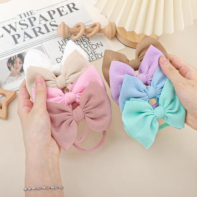 8PCS Baby Girl Headbands with Bows Slub Fabric Macaron Hair Bow Stretchy Hair Bands for Newborn Infant Toddler Little Girls Hair Accessories