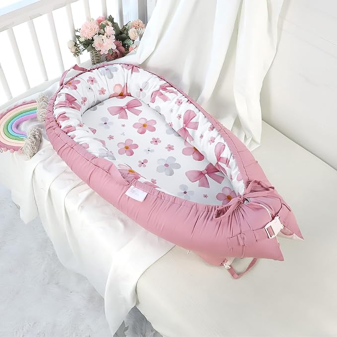 Hooyax Baby Lounger Cover Only, 100% Cotton Newborn Nest Cover, Soft Portable Baby Nest Replacement Cover for Boys Girls, Breathable Infant Lounger Covers, Baby Essential (Bow Flower)