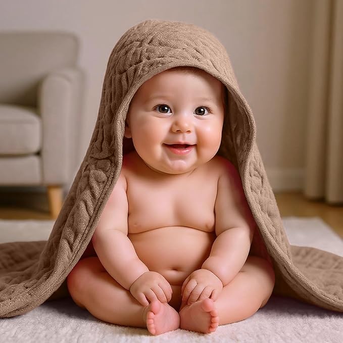 VitalCozy 12 Pcs Baby Muslin Hooded Bath Towels and Washcloths, Muslin Hooded Baby Towels Absorbent Blankets for Gift Newborn Infant Shower (Neutral Colors)