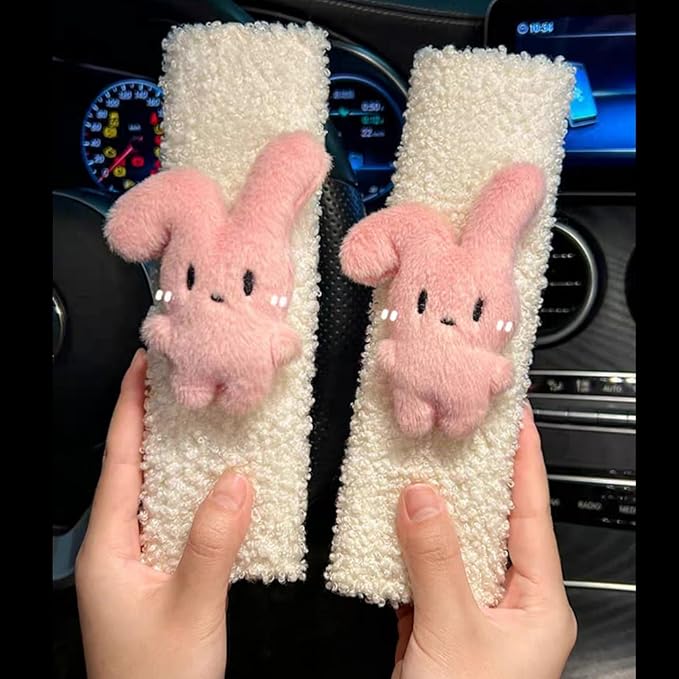2 PCS Seat Belt Cover Pad, Cute Kawaii Animal Bunny Seatbelt Covers for Kids and Adults, Winter Plush Fluffy Soft Seat Belt Cover, Cartoon Seatbelt Cushion,Car Seat Strap Pads (C-Bunny)