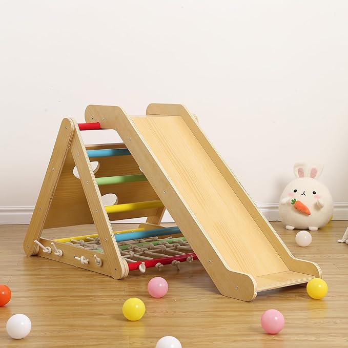 Toddler Indoor Gym Playset, 2 in 1 Wooden Climbing Toys, 3-Sided Wooden Triangle Climber with Climbing Net,Sliding Ramp, Sandbags & Board for Kids Boys Girls Indoor Gym Playset Gift,Home & Daycare