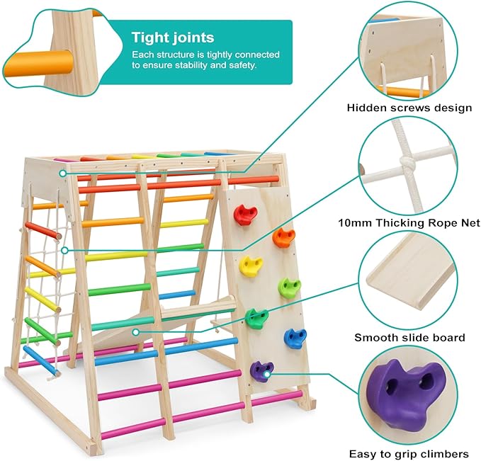 EDOSTORY 7 in 1 Pikler Indoor Playground Jungle Gym Playset, Wooden Montessori Climber with Slide, Rock Climb Wall, Monkey Bars, Rope Ladder, Climbing Rope and Swing for Kids(Rainbow)