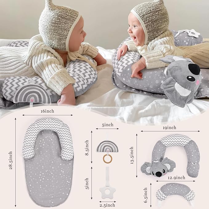 4 in 1 Tummy Time Mat with Educational Cards, Play Mat & Sitting Support for Newborn 0-12 Months, Infant Baby Sit Me Up Floor Seat, Sensory Skills Gifts, Koala
