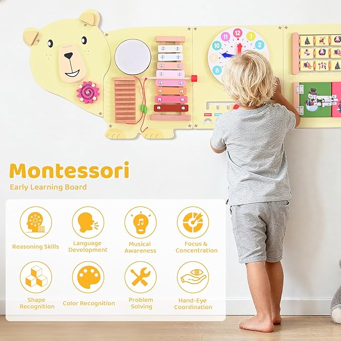 Activity Wall Busy Board Panels, Bear Wooden Montessori Sensory Toys, Toddler Learning Activity Center, Sensory Wall Panel Ideal Educational Gift for Boys and Girls