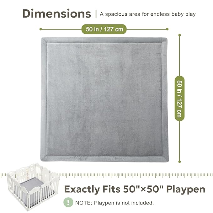 Mallify Ultra Soft 1.3" Thick Baby Play Mat for Floor, Large Velvet 50"x50" Playpen Mat, Baby-Safe & Non-Slip Tummy Time Mat, Crawling Mat for Babies, Toddlers, Infants, Kids, Easy Care,Gray