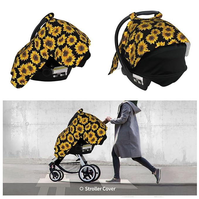 KiuLoam Sunflower Black Baby Car Seat Canopy, Nursing Cover Breastfeeding Scarf, Stretchy Soft Breathable Infant Carseat Cover for Babies Boys Girls