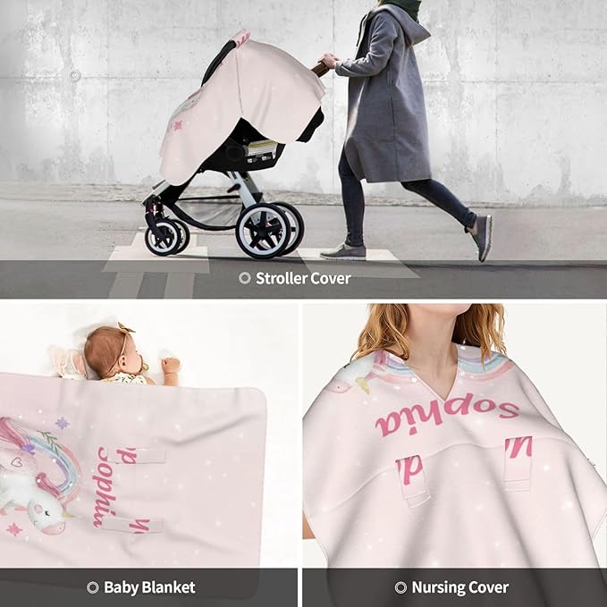 Custom Baby Car Seat Canopy with Name, Personalized Stroller Baby Car Seat Covers for Girls, Minky Nursing Carseat Cover for Breastfeeding, Car Seat Canopies for Infant Newborn(Unicorn Rainbow)