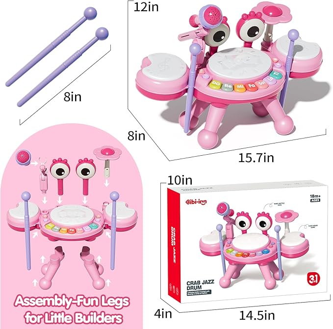 Toddler Drum Set for Kids 1-3, Baby Drum Set 1 Year Old with Light-Up Microphone, Musical Instruments Montessori Learning Toys for 6 9 12 18 Months, Birthday Gift for Boys Girls(Pink)