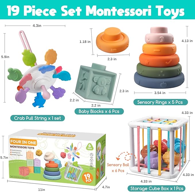 Wuzhineisn Montessori Baby Toys for Ages 6-18 Months - Pull String Teether, Stacking Blocks, Sensory Shapes Storage Bin, Infant Bath Time Fun, 4 in 1 Toddlers Toy Gifts for 1 2 3 Year Old Boys Girls