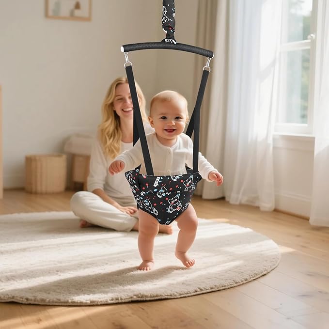 Slevoo Baby Jumper, with Ceiling Hook, Quick-Entry and Space-Saving Portable Infant Jumper for Small Spaces, Quiet Bear