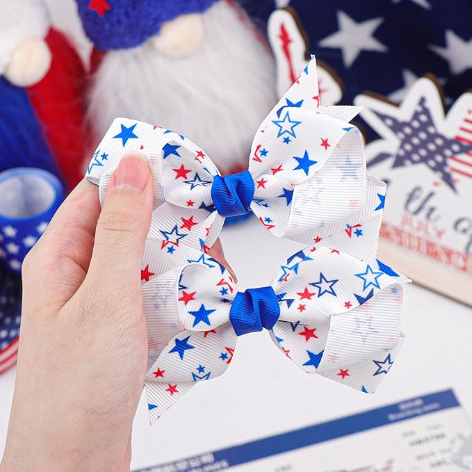 YanJie 2pcs 4th of July Hair Clips 4'' Blue Bow Stars Baby Girls Clips American Flag Hair Bow Patriotic Hairgrips Hair Accessories Independence