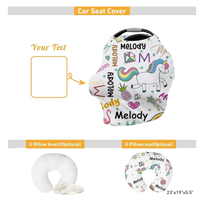 Personalised Car Seat Cover for Babies - White Horse Multi-use Carseat Canopy Cover with Name, Car Seat Covers, Christmas Birthday Gifts for Infant Boys and Girls(27"x29")