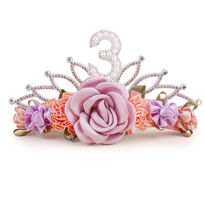 cherrboll Flower Headband Birthday Crown for Girl, Floral Nylon Hairband for 1-3 Years Old Toddler, 3rd Birthday Party Dress Photo Decoration Hair Accessory