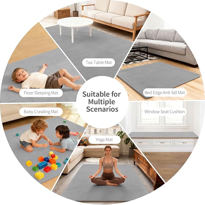 Velvet Baby Play Mat for Floor, 1.3" Thick Elasti-Foam 74"×50" Playpen Mat with Removable & Washable Velvet Cover for Toddler, Infant,Kids, Non-Slip Crawling Mat for Tummy Time (Grey)