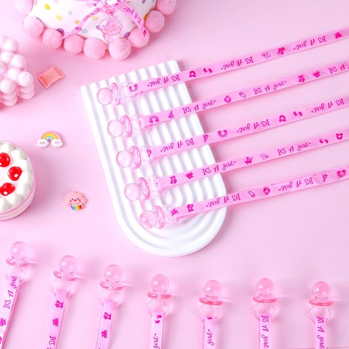 ZYFLSQ 36 Pieces Baby Shower Pacifiers Necklace, Cute Acrylic Pacifier Necklaces for Baby Shower Games Girls Charm, Party Favors, Decorations DIY, Gender Reveal Table Scatter(Pink)