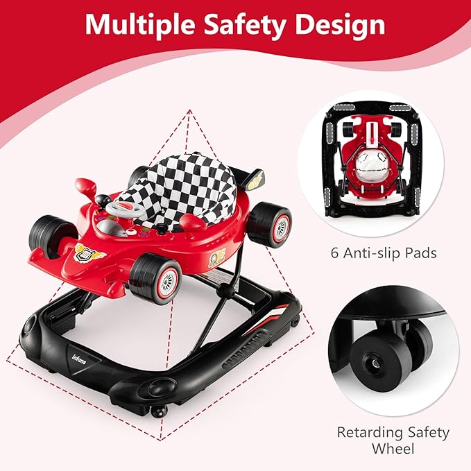INFANS Foldable Baby Walker, 3 in 1 Toddler Activity Center Leaning-Seated Walk-Behind with Steering Wheel, Adjustable Height, Lights, Music, Washable Seat Cushion (Cherry)