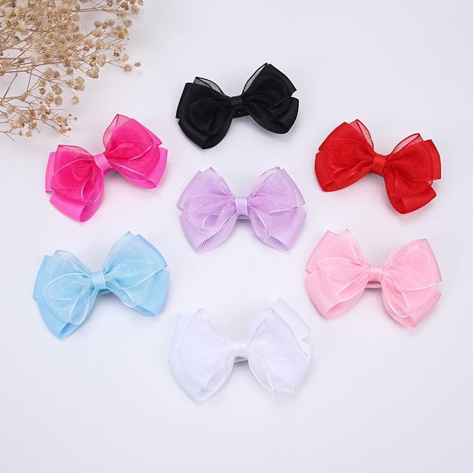 Tiny 3 Inch Organza Double Hair Bow Clips - Lined Boutique Alligator Hairpin for Baby Girls, Toddlers, and Little Teens - Kids Barrettes Set of 2 Small Stylish (White)