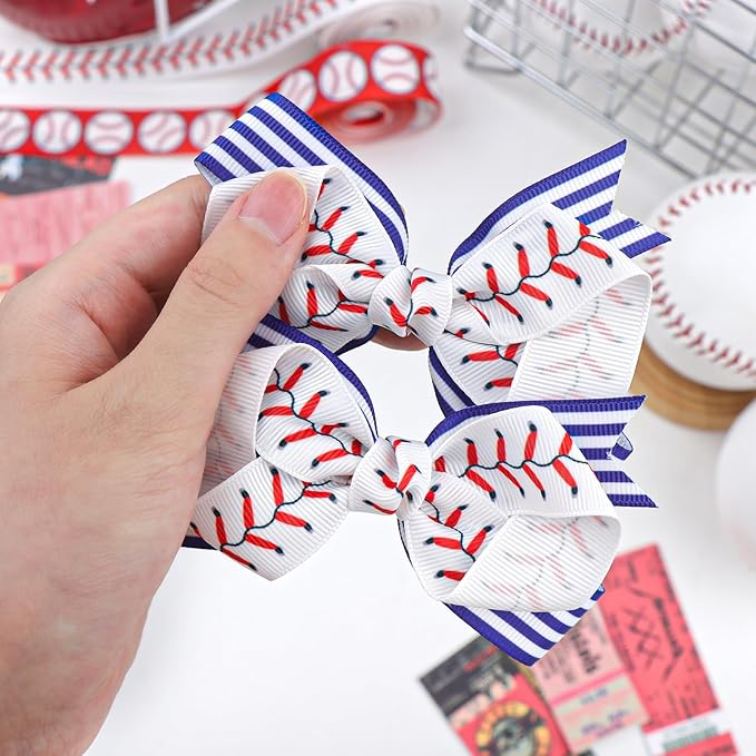 YanJie 2pcs 4'' Baseball Bow Baby Girl Hair Clips with Stripes Softball Grosgrain Ribbon Alligator Clips for Toddler Teen Girls Hair Accessories