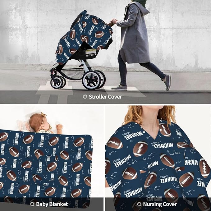 Personalized Baby Car Seat Canopy for Babies, Custom Name Football Baby Car Seat Covers for Boys, Opening Minky Nursing Breastfeeding Cover for Infant, Carseat Canopies for Newborn