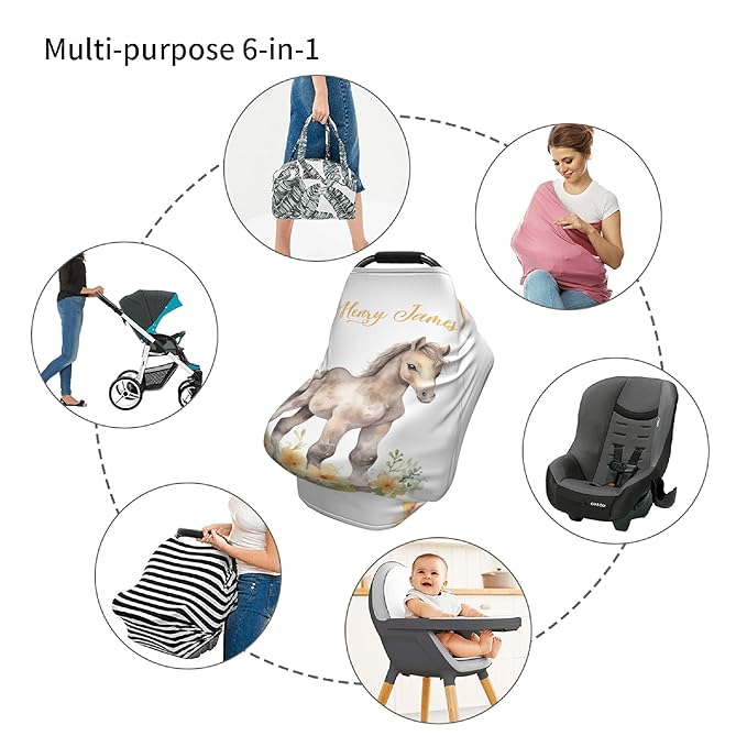 Personalized Car Seat Covers with Name, Horse Baby Canopy Carrier Cover, Breathable Breastfeeding Nursing Cover, Stretchy Multi-Use Infant Carseat Stroller Cover