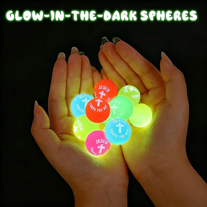 50 Pcs Christian Glow in The Dark Bouncy Balls Jesus Lights The Way Rubber Bouncing Balls for Easter Religious Basket Stuffers Party Favors