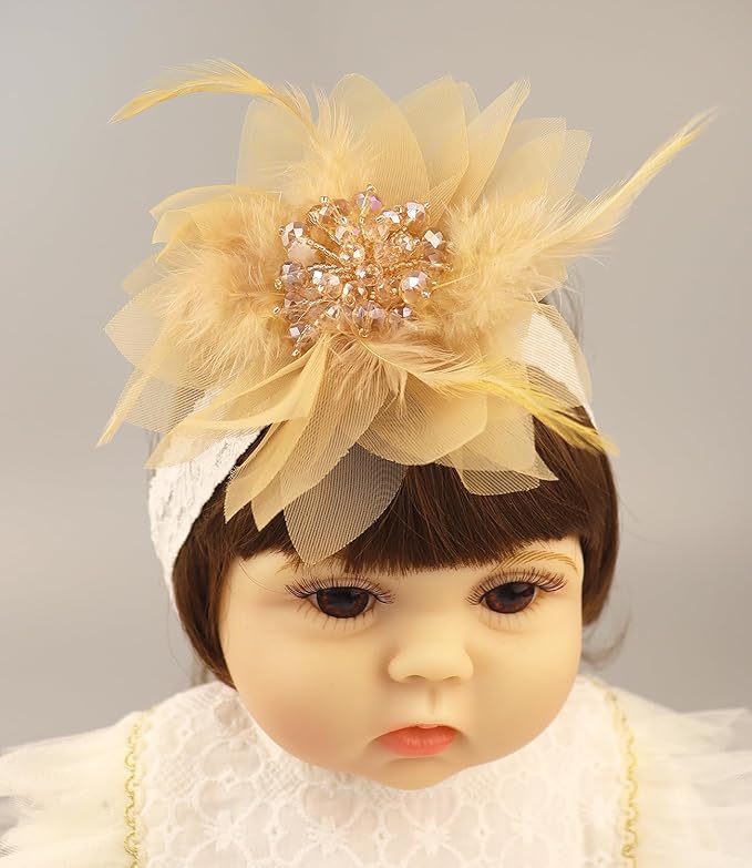 Bethynas Baby Girls Lace Feather Headband Beads Gauze Flower Elastic Toddler Hairband Birthday Party Princess Hair Accessories for Newborn Infant (Gold)
