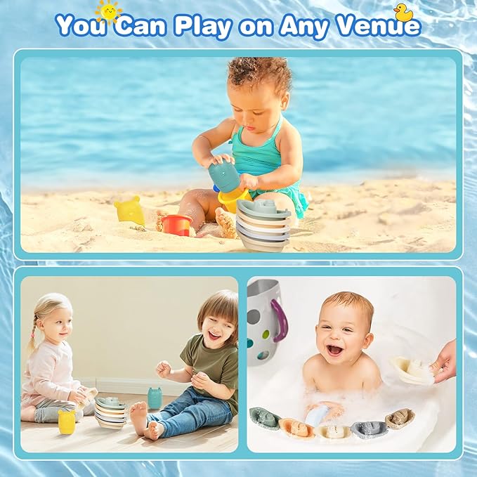 Baby Bath Toys Stackable Boats with Soft Silicone Squirt Water Animal Toys, 9 Pcs Floating Stacking Boat Bathtub Shower Pool Beach Toys for Toddler Kids 1-3