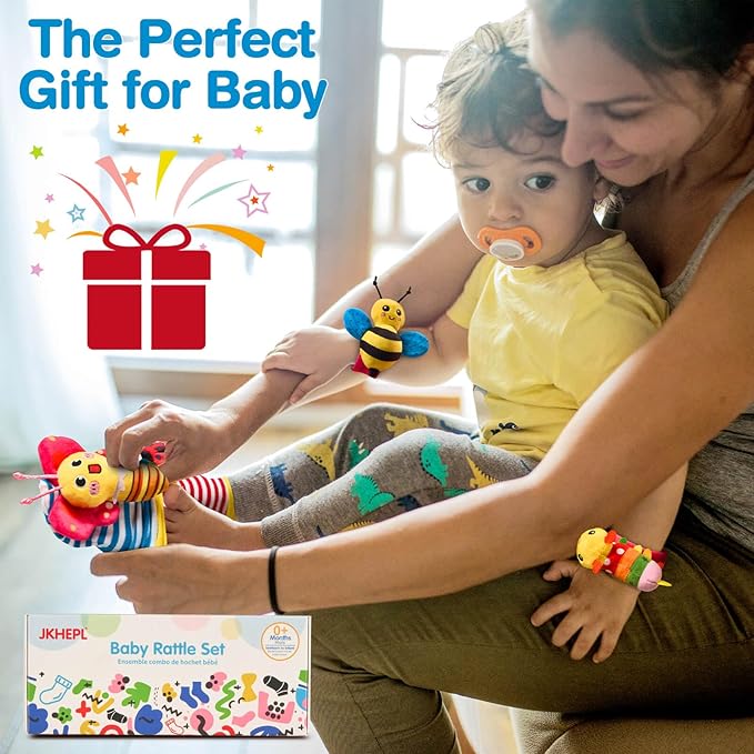 Baby Rattles Toys for 0-6 Months - Infant Toys 0-3 Month Old Baby Boy Girl Gifts Set with Teething and Wrist Socks Rattle Infant Newborn Sensory Toy Easter Basket Stuffers