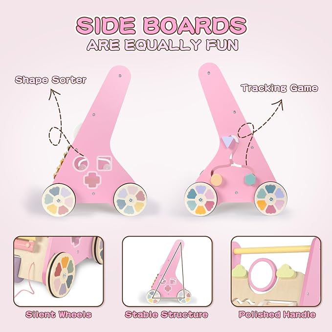 LOL-FUN Wooden Baby Walker for Girls with Wheels, Push Walker for Girl 12 Months, Pink Baby Push Toy for 1 Year Old Walking