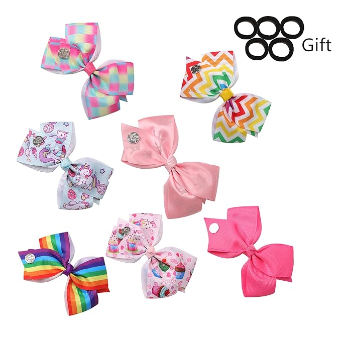 7pc 5" Large Hair Bows for Girls, JOJO Siwa Grosgrain Ribbon Hair Barrettes with Heart Emblem Accessories for Toddler